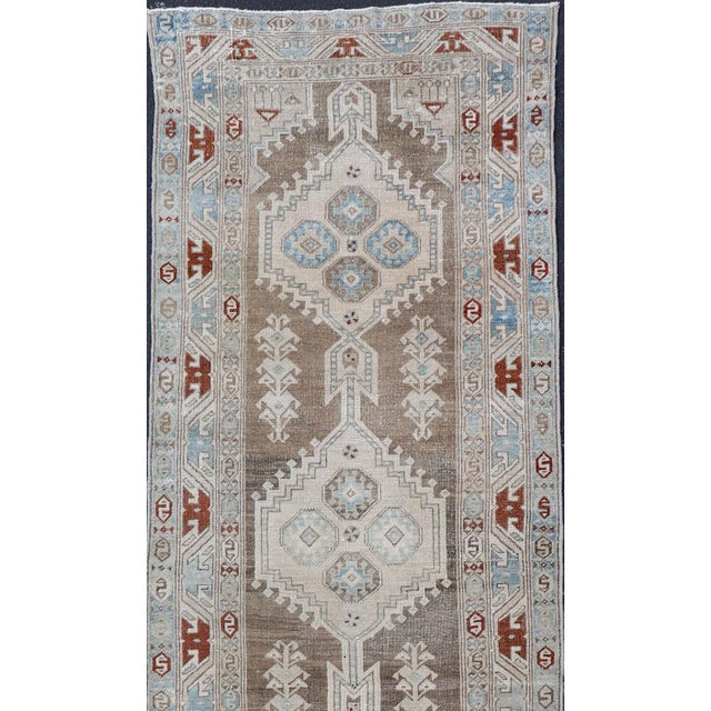 Long Persian Heriz Runner With Central Medallions in Brown, Blue, Tan & Red For Sale - Image 4 of 12