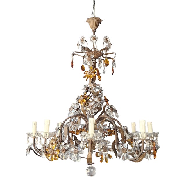 1950s Amber Crystal Glass Brass Flower Chandelier For Sale
