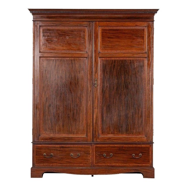 Large English Inlaid Mahogany Double Wardrobe, 1890 For Sale