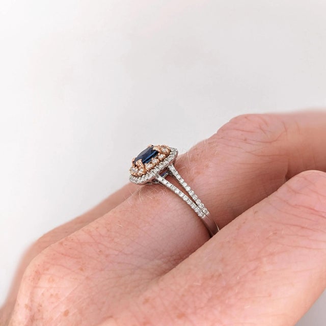 Modern Natural Ceylon Blue Sapphire and Diamond Ring: Solid 14k Dual Gold, 6x5mm, Size 6.75 For Sale - Image 3 of 8