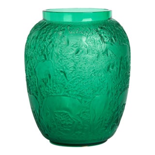 Lalique Green Glass Biches Vase For Sale