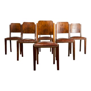 1930s French Art Deco Walnut Dining Chairs W/ Leather Seats - Set of 6 For Sale