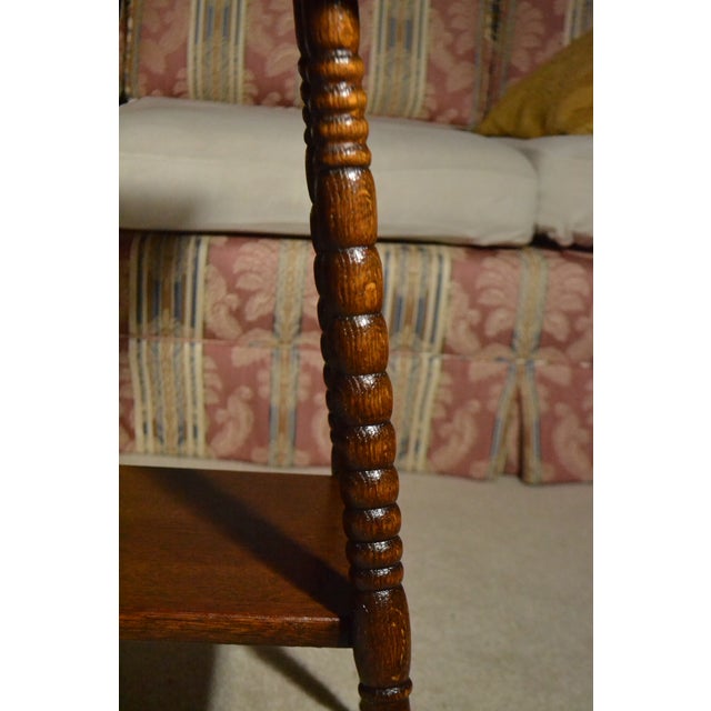 Wood Antique Victorian Tiger Oak Parlor Side Table 2 Tier Eastlake Carved Spool Leg For Sale - Image 7 of 8