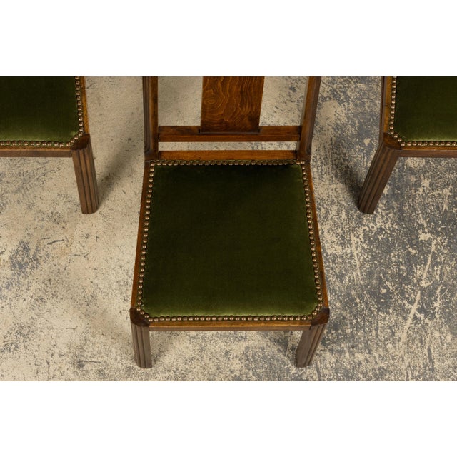 1930s French Art Deco Maple Dining Chairs W/ Olive Green Velvet - Set of 6 For Sale - Image 4 of 18