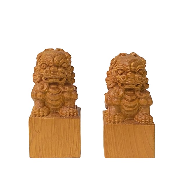Chinese Pair Wood Carved Mini Foo Dogs Lions FengShui Figures For Sale - Image 4 of 6