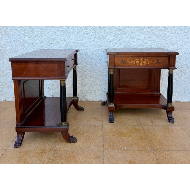 1930s French Empire Wood Nightstands with Marquetry and Black Columns, 1935, Set of 2 For Sale - Image 5 of 15