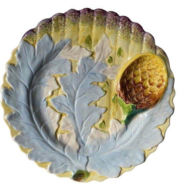 Blue Belgian Majolica Mold 83 Artichoke and Thistle Plate, 1880 For Sale - Image 8 of 8