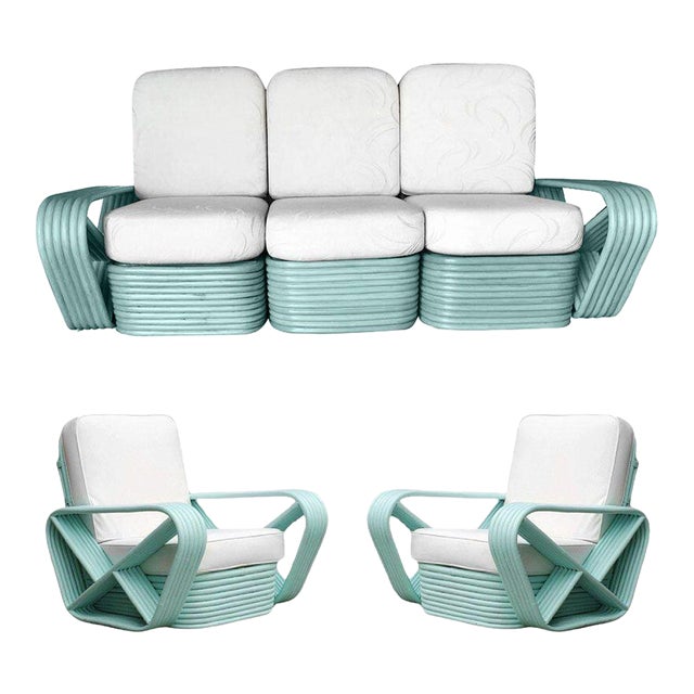 1950s Restored Teal 6-Strand Square Pretzel Rattan Sofa & Lounge Chair Living Room Set- 3 Pieces For Sale