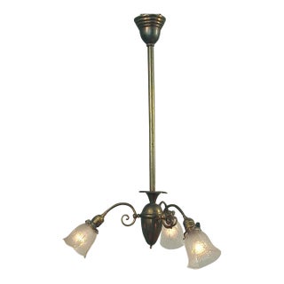 1910 Victorian All Brass 3-Arm Electric Chandelier, All Original, Glass Shades For Sale