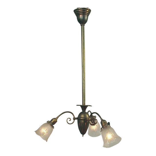 1910 Victorian All Brass 3-Arm Electric Chandelier, All Original, Glass Shades For Sale