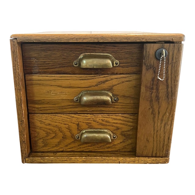 1950s Vintage Oak Post Office Locking Employees Cash & Stamp Box by National Cabinet Co. For Sale