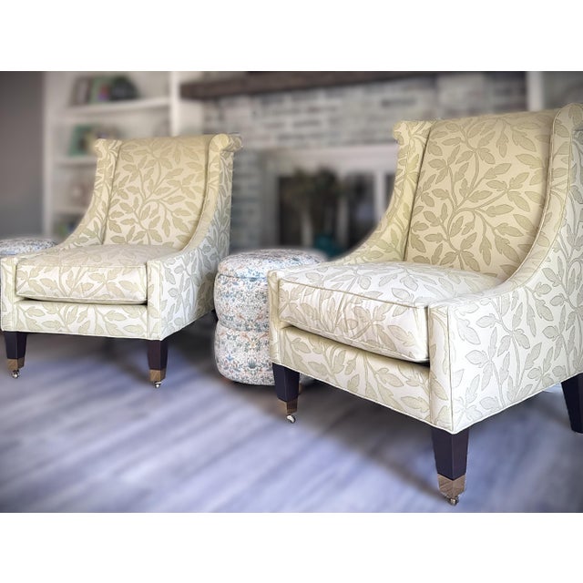 Custom Pair Pearson Wingback Jacquard Leaf Vine Transitional Chairs For Sale - Image 15 of 15