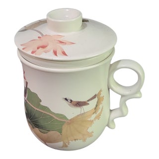 Vintage Tea Cup With Infuser & Lid Painted Lily Pod Bird Lotus Flower by Chang Hsitsun Design For Sale