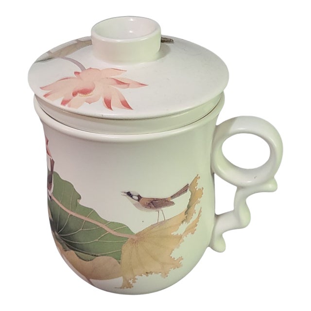 Vintage Tea Cup With Infuser & Lid Painted Lily Pod Bird Lotus Flower by Chang Hsitsun Design For Sale