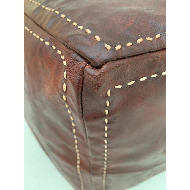 Early 21st Century Square Brown Oxblood Red Embroided Moroccan Leather Pouf Cover For Sale - Image 5 of 11