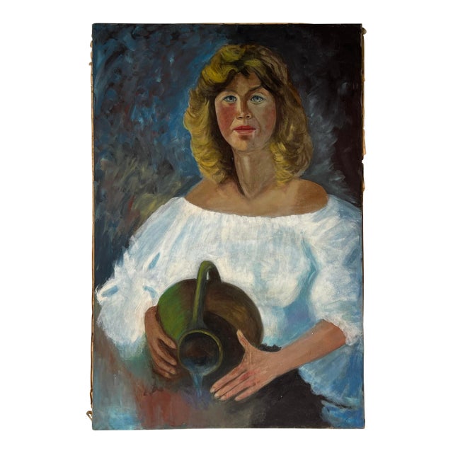 1970's Mid-Century Impressionist Woman Oil Portrait Painting For Sale