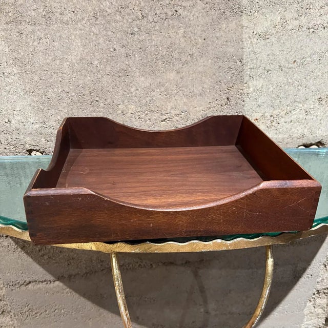 AMBIANIC presents 1970s Modern Walnut Wood Office Desk Tray In Out File Box 10 w x 12.5 long. 2.5 h Unrestored original...
