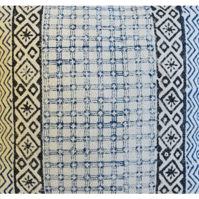 French Hand-Printed Blue, Black & White Geometric Design Cotton Feather /Down Pillow 19” Square For Sale - Image 4 of 8