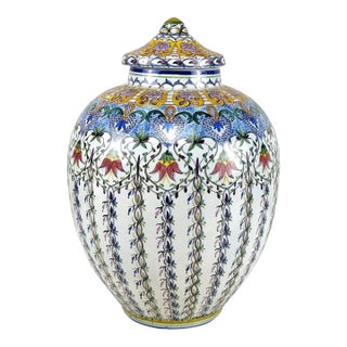 Vintage Extra Large Portuguese Pottery Porcelain Floral Ginger Jar Urn W/ Lid For Sale