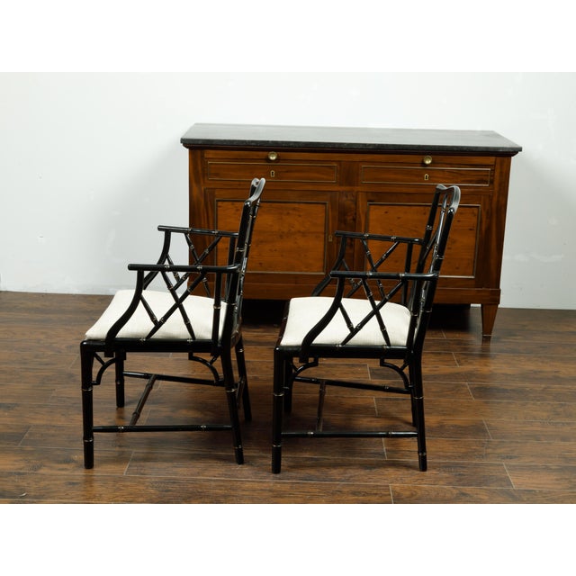 Black Pair of Midcentury Chinese Chippendale Style Black Faux Bamboo Armchairs For Sale - Image 8 of 9