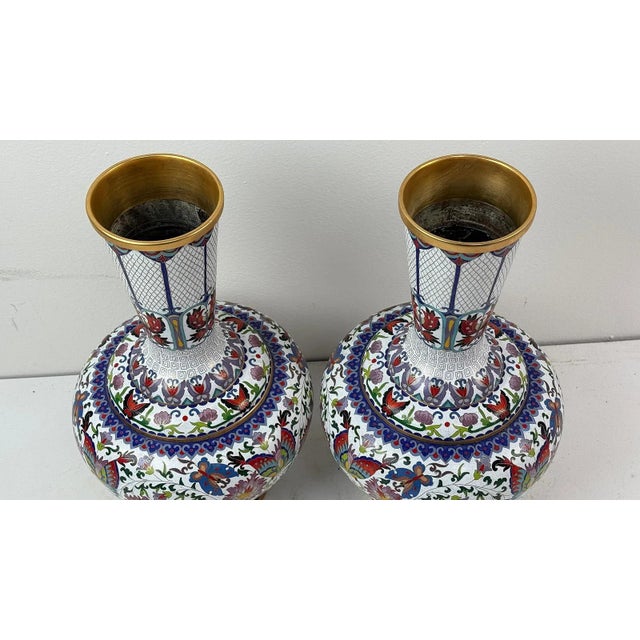 Pair of Chinese Cloisonne Enamel Vases Lotus White and Floral Butterflies For Sale In New York - Image 6 of 10
