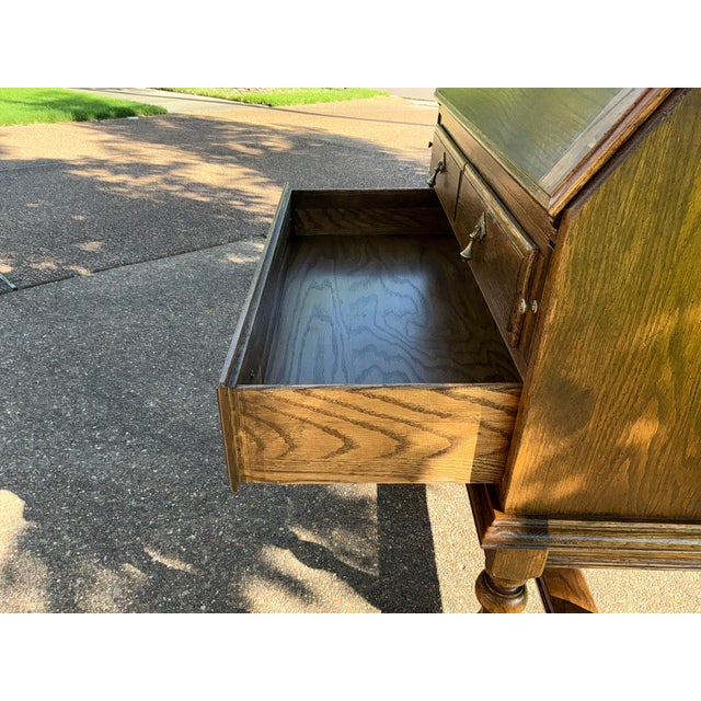 1980s Ethan Allen Jacobean Style Oak Drop Front Secretary Desk For Sale - Image 9 of 11