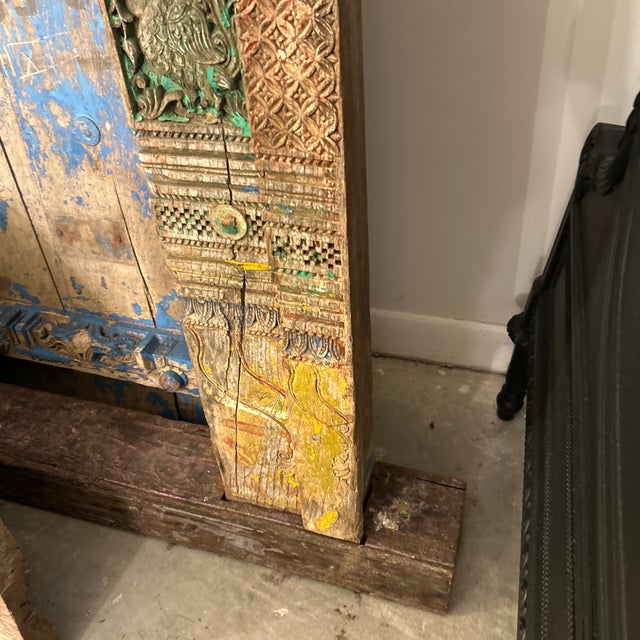 Wood Antique Hand Carved Weathered Indian Teak Palace Entrance Door For Sale - Image 7 of 12