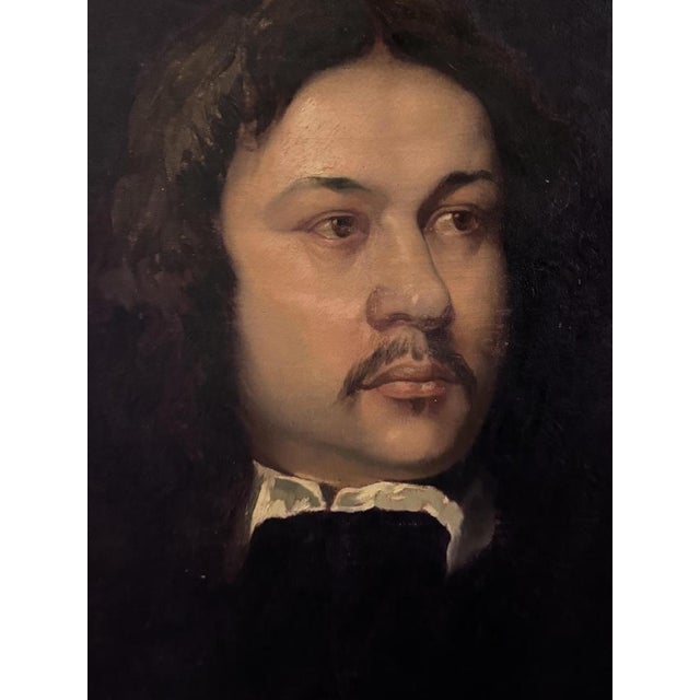 This portrait depicts a man in three-quarter view, his pensive gaze directed to the right. The understated composition...