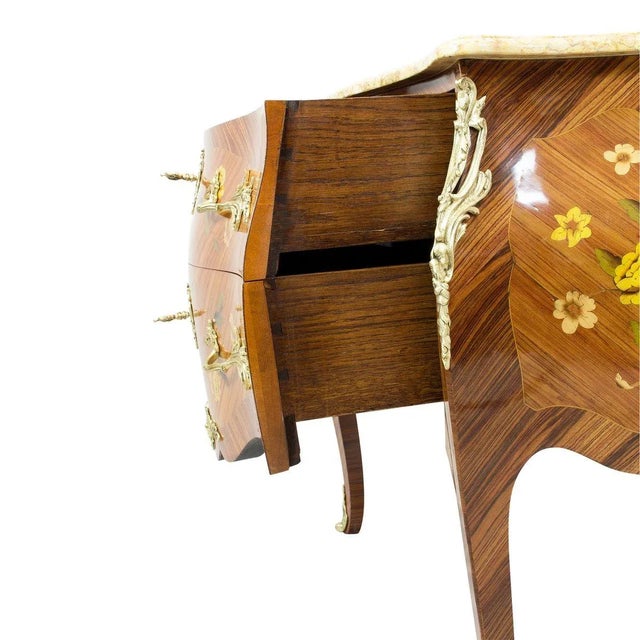 Fine French late 19th century Louis XV style around 1890 tulipwood floral marquetry and bronze mounted two drawer bombe...