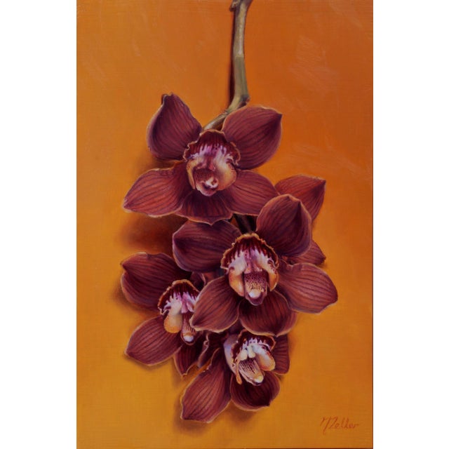 Contemporary Cymbidium Orchids by Narelle Zeller | Oil on Aluminum Composite Panel Red orchids on orange background For Sale - Image 3 of 3