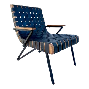 Noir Black Leather Strap and Wood Lounge Armchair
