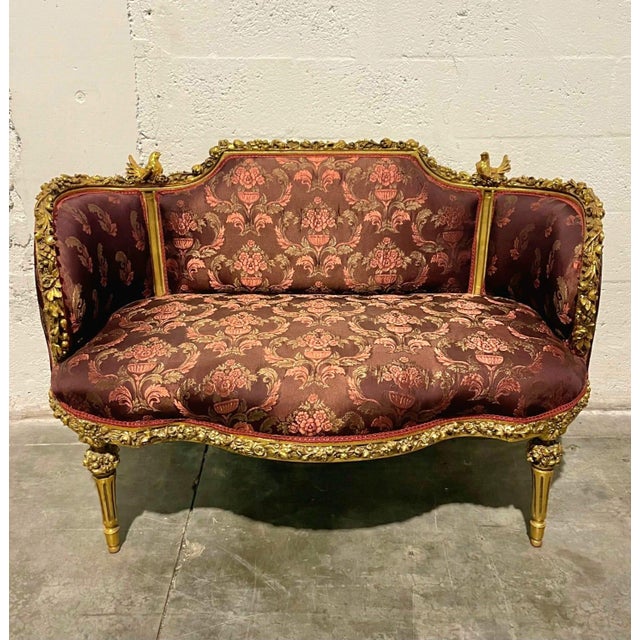 1990s Baroque Style Red Wine Sofa – Gold Leaf Details For Sale - Image 4 of 5