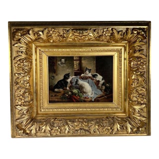 Late 19th Century Curious Kittens Oil on Board Painting in Gilt Wood Frame For Sale