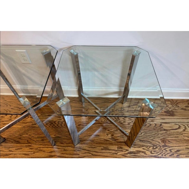 Pair of Vintage MCM Chrome & Glass X - Base End Tables For Sale - Image 4 of 8