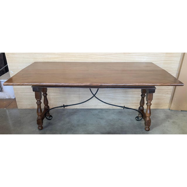 Wood Early 20th Century Spanish Fold Out Console Table with Iron Stretcher & 3 Drawer For Sale - Image 7 of 18