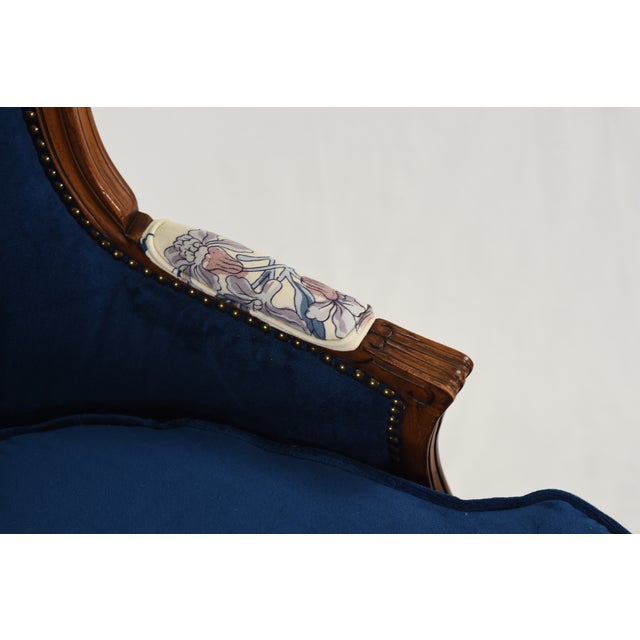 Schumacher Linen Accent Chair on Restored Vintage Ethan Allen Camille Bergere With Sapphire Velvet For Sale - Image 9 of 14