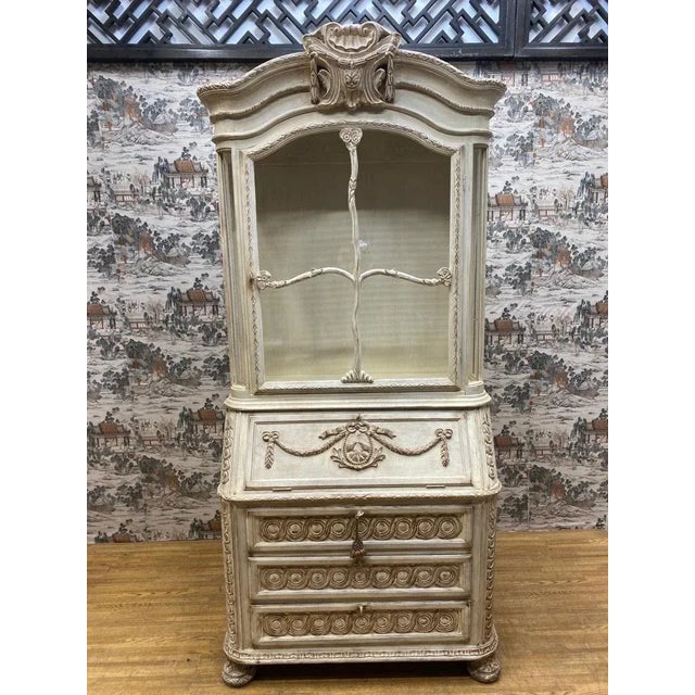 Vintage French Provincial Hand Carved White Secretary Desk and Display Cabinet For Sale - Image 9 of 9