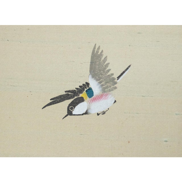 1960s "Blue and White Flycatchers and Blossoming Plum Tree", Showa Japanese Byobu Screen For Sale - Image 13 of 18