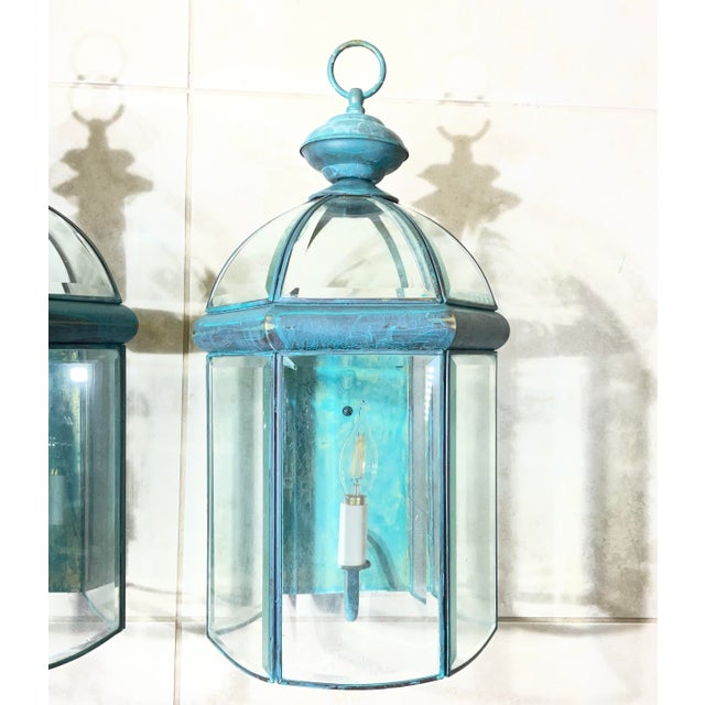 Elevate your architectural interior or exterior design with this pair of vintage solid brass wall lanterns. with a rich,...