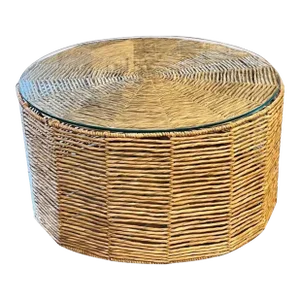 Weaved Seagrass Drum Coffee Table With Glass Top