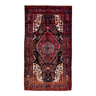 Vintage Handmade Persian Navy Blue Medallion Wool Rug 6'3" X 9'4" For Sale