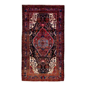 Vintage Handmade Persian Navy Blue Medallion Wool Rug 6'3" X 9'4"
