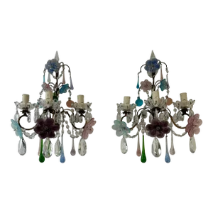 Italian Multi Color Murano Glass Flowers 3 Tiers With Spear Sconces Crystal 1930