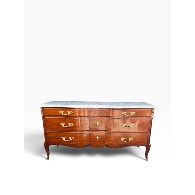 French Vintage French Louis XV-Style Marble-Top Triple Commode Dresser With Ormolu Mounts For Sale - Image 3 of 10