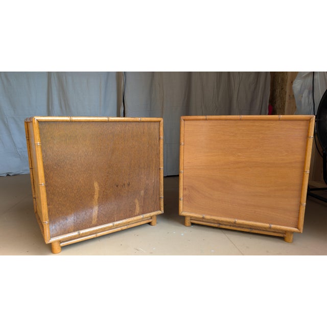 Vintage Faux Bamboo Pair of 2 Nightstands With Herringbone Parquet Rattan Fronts, in the Style of Dixie For Sale - Image 13 of 13