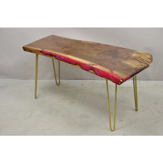 Live Edge Black Walnut Surfboard Coffee Table Red Resin Lacquer Hairpin Legs. Item features gold metal hairpin legs, thick...