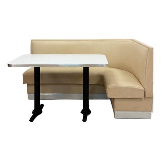 Vintage Retro Diner Banquette Booth Set Chrome Table Cream Vinyl L-Shape For Sale