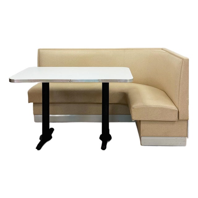 Vintage Retro Diner Banquette Booth Set Chrome Table Cream Vinyl L-Shape For Sale