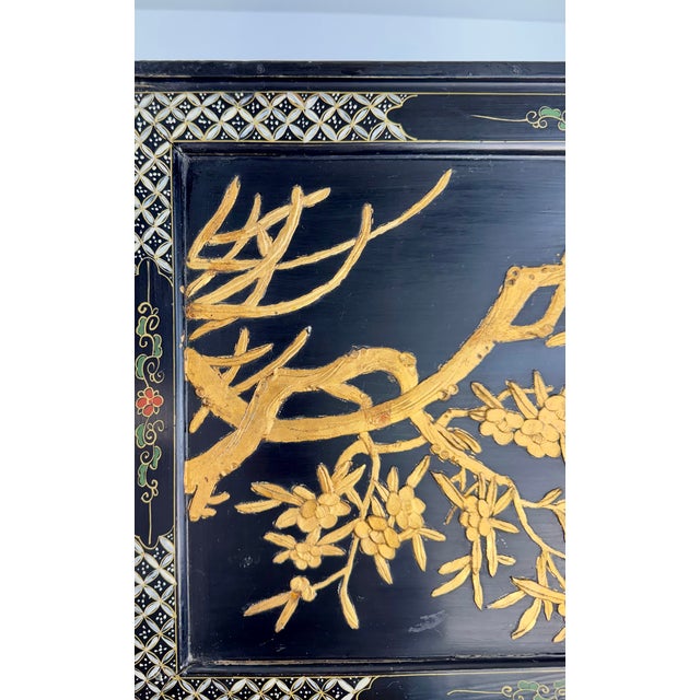Black Vintage Black Lacquer Chinoiserie Side Table With Gilt Birds and Floral Motifs For Sale - Image 8 of 13