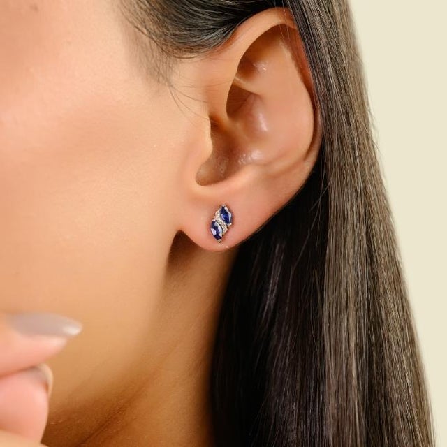 Natural Marquise Blue Sapphire & Diamond Cluster Stud Earrings in 14k Gold- A Pair For Sale - Image 4 of 11
